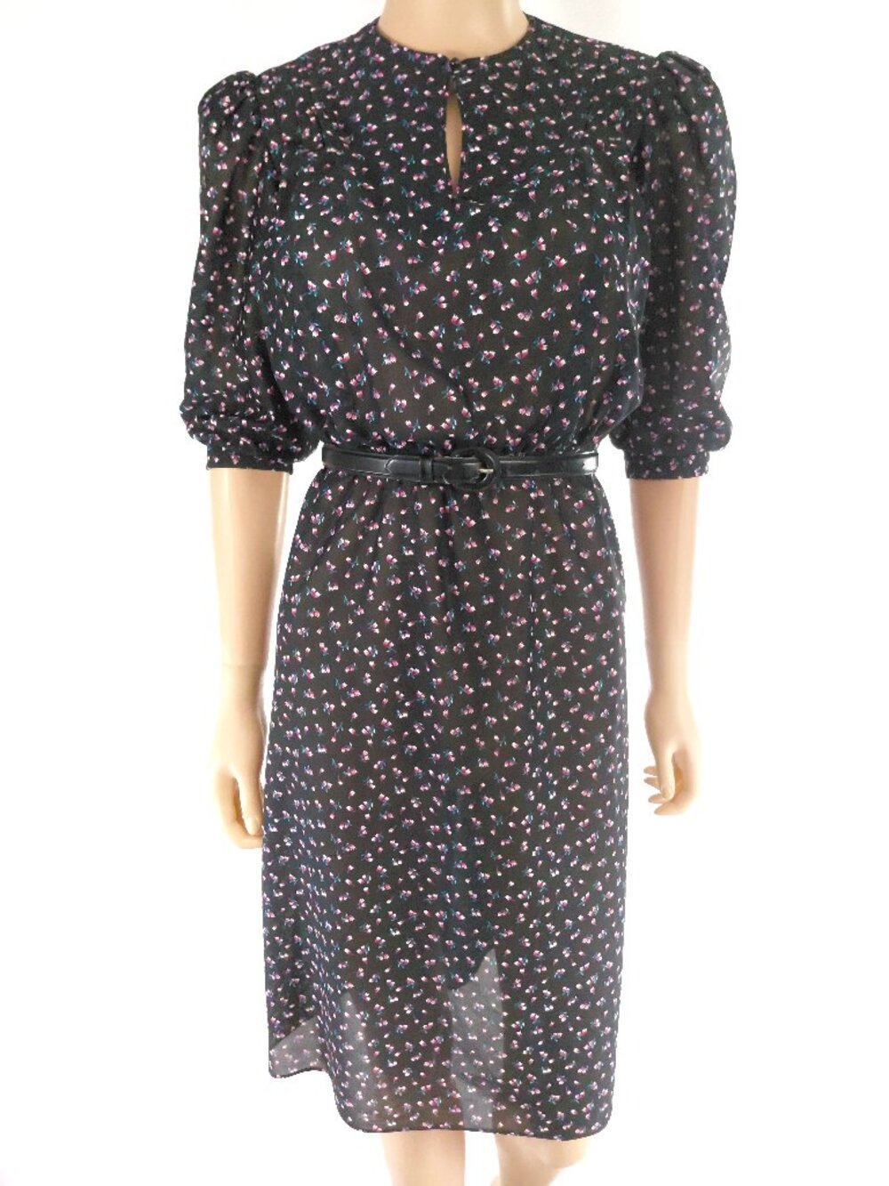 VINTAGE Dress Semi Sheer Dolly Floral Puff Sleeve S